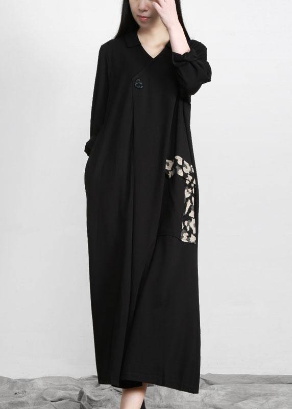 Modern Black Patchwork Print V Neck Pockets Fall Dresses