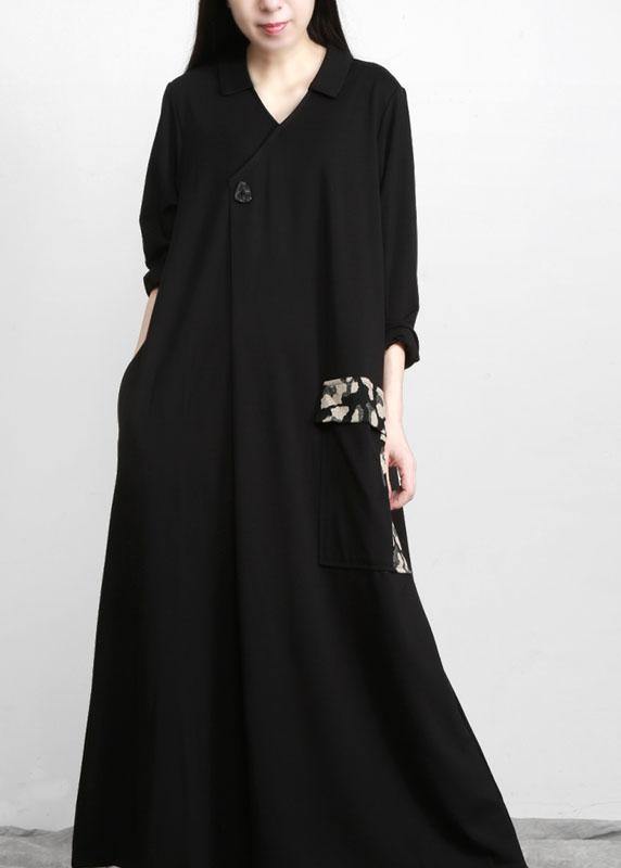Modern Black Patchwork Print V Neck Pockets Fall Dresses