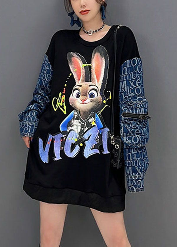 Modern Black Patchwork Rabbit Print Cotton Sweatshirt Fall