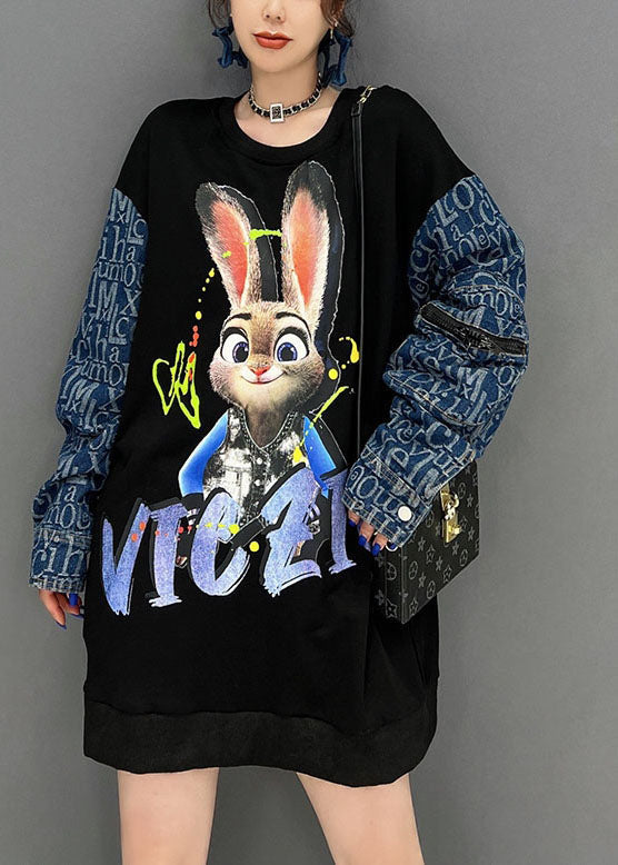 Modern Black Patchwork Rabbit Print Cotton Sweatshirt Fall