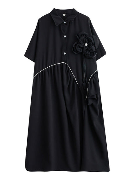 Modern Black Peter Pan Collar Patchwork Button Party Maxi Dress Short Sleeve