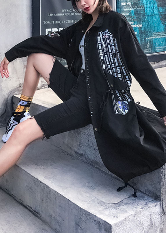 Modern Black Peter Pan Collar Zippered Fall Denim Long Sleeve Trench Coats