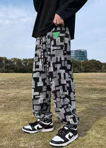 Modern Black Plaid Elastic Waist Cotton Pants Fall