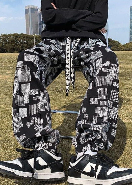 Modern Black Plaid Elastic Waist Cotton Pants Fall