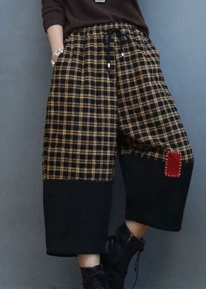 Modern Black Plaid Drawstring Patchwork Pants Winter