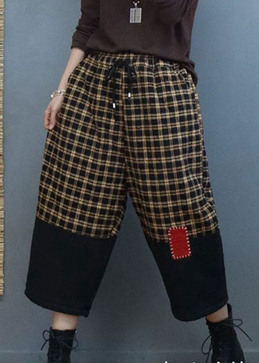 Modern Black Plaid Drawstring Patchwork Pants Winter