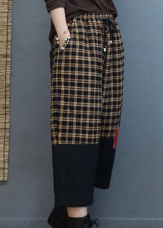 Modern Black Plaid Drawstring Patchwork Pants Winter