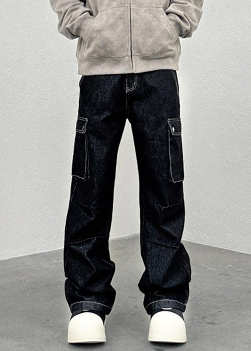 Modern Black Pockets High Waist Denim Pants Spring