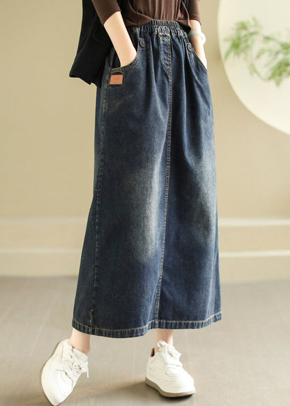 Modern Black Pockets Patchwork Elastic Waist Denim Skirt Spring
