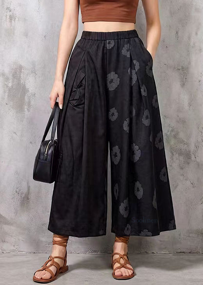 Modern Black Pockets Print Cotton Crop Pants Summer