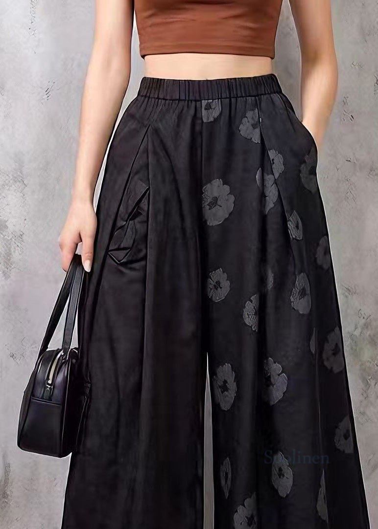 Modern Black Pockets Print Cotton Crop Pants Summer