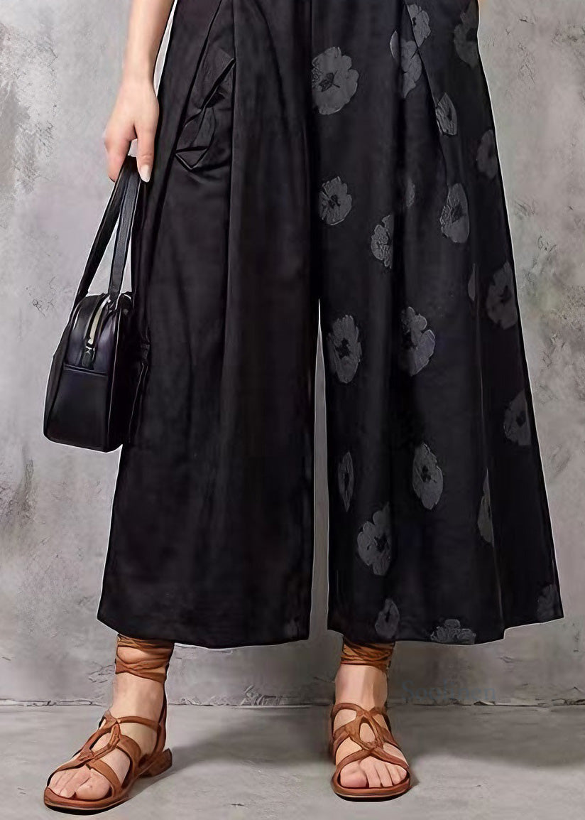 Modern Black Pockets Print Cotton Crop Pants Summer