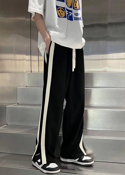 Modern Black Pockets Striped Patchwork Cotton Pants Summer