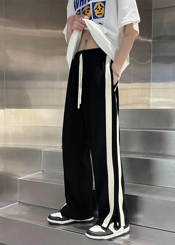 Modern Black Pockets Striped Patchwork Cotton Pants Summer