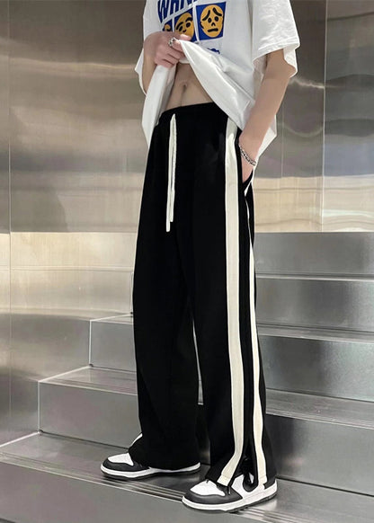 Modern Black Pockets Striped Patchwork Cotton Pants Summer