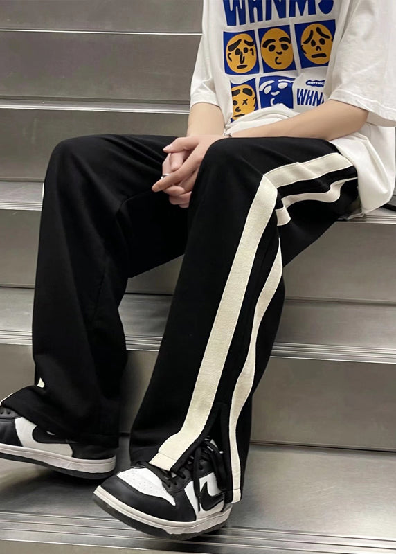 Modern Black Pockets Striped Patchwork Cotton Pants Summer