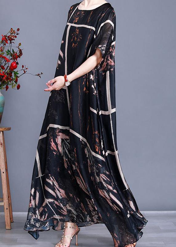 Modern Black Print Satin Maxi Dress Patchwork Caftan