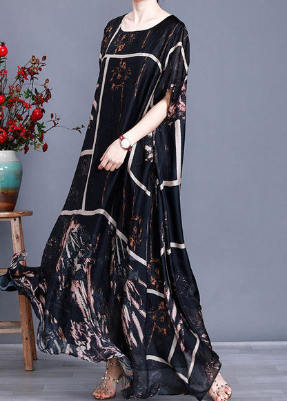 Modern Black Print Satin Maxi Dress Patchwork Caftan