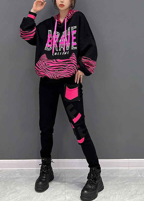 Modern Black Print Hooded Pullover and Pants Two Pieces Set Fall