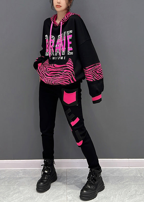 Modern Black Print Hooded Pullover and Pants Two Pieces Set Fall
