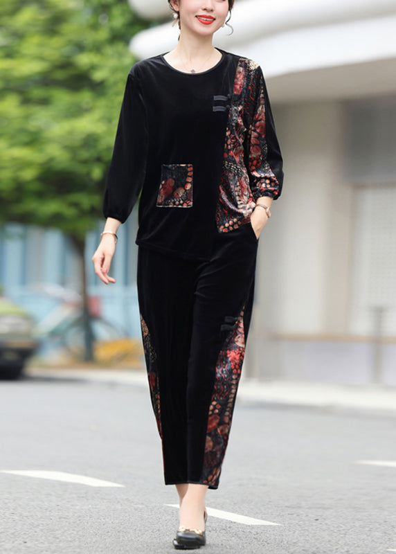 Modern Black Print Pockets Silk Velour Pullover and Crop Pants Two Piece Set Fall