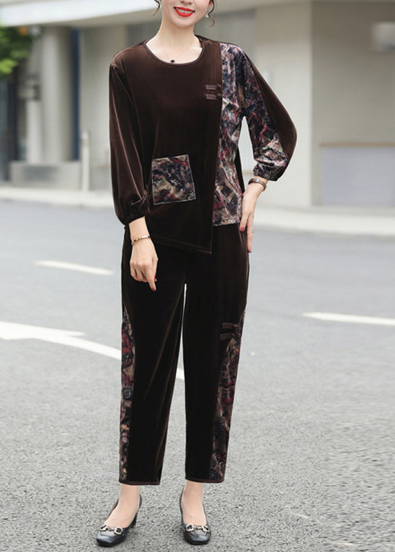 Modern Black Print Pockets Silk Velour Pullover and Crop Pants Two Piece Set Fall