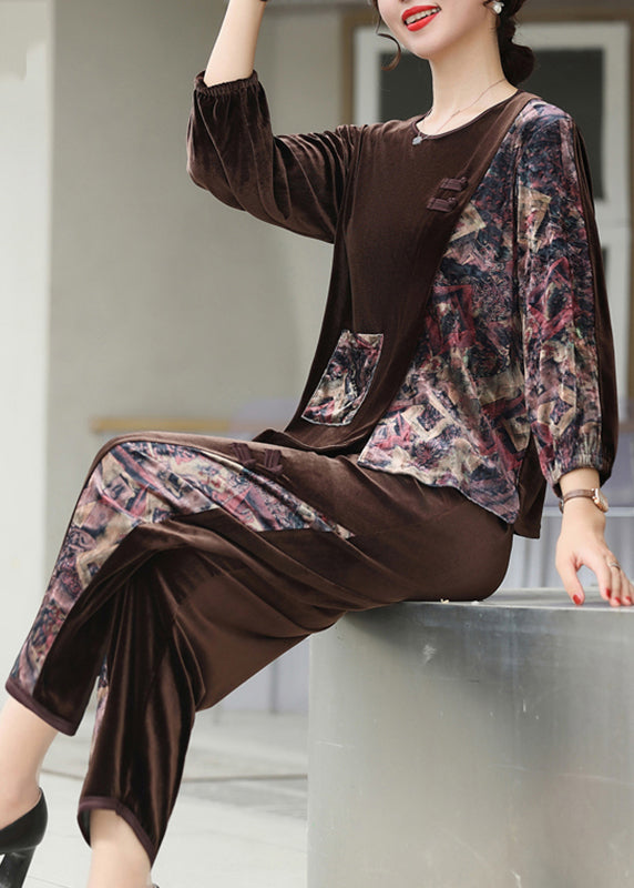 Modern Black Print Pockets Silk Velour Pullover and Crop Pants Two Piece Set Fall