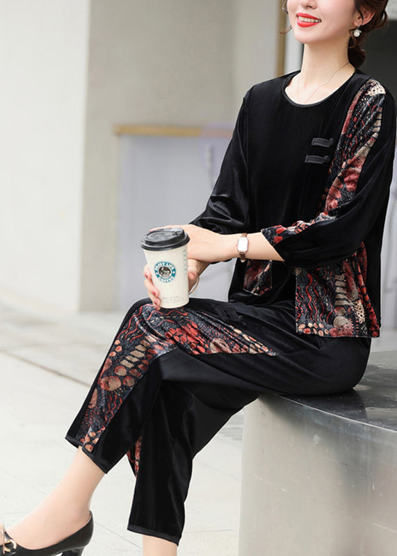 Modern Black Print Pockets Silk Velour Pullover and Crop Pants Two Piece Set Fall