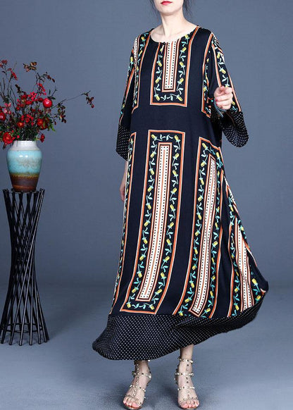 Modern Black Print Summer Silk Long Dresses Long Sleeve