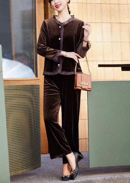 Modern Brown Ruffled Patchwork Silk Velour Shirts and Pants Two Piece Set