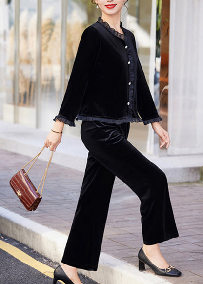 Modern Brown Ruffled Patchwork Silk Velour Shirts and Pants Two Piece Set