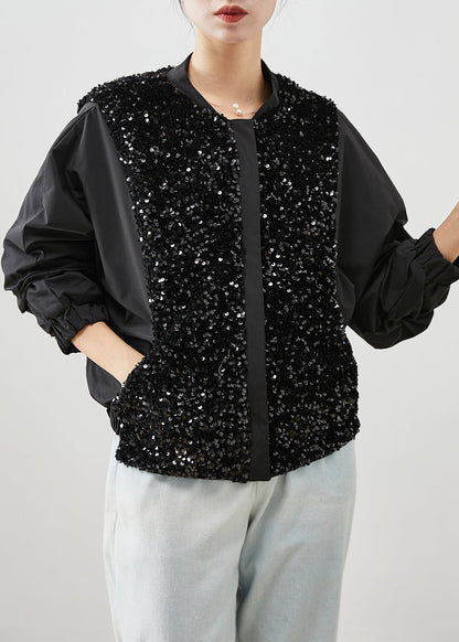 Modern Black Sequins Pocketspatchwork Cotton Jackets Fall