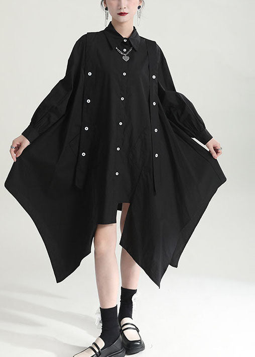 Modern Black Color Asymmetrical Design Cotton Long Shirt Tops Fall