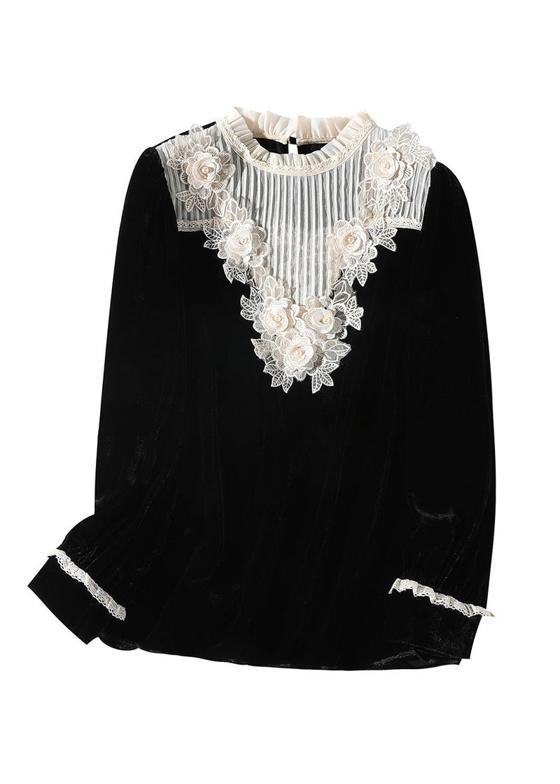 Modern Black Stand Collar Lace Patchwork Silk Velour Tops Spring