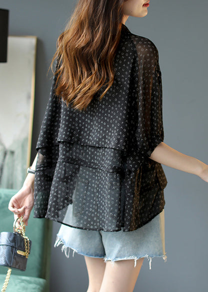 Modern Black Stand Collar Pockets Letter Print Chiffon Shirt Short Sleeve