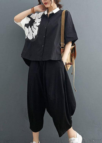 Modern Black Turn-down Collar Summer Cotton Linen Two Pieces Set