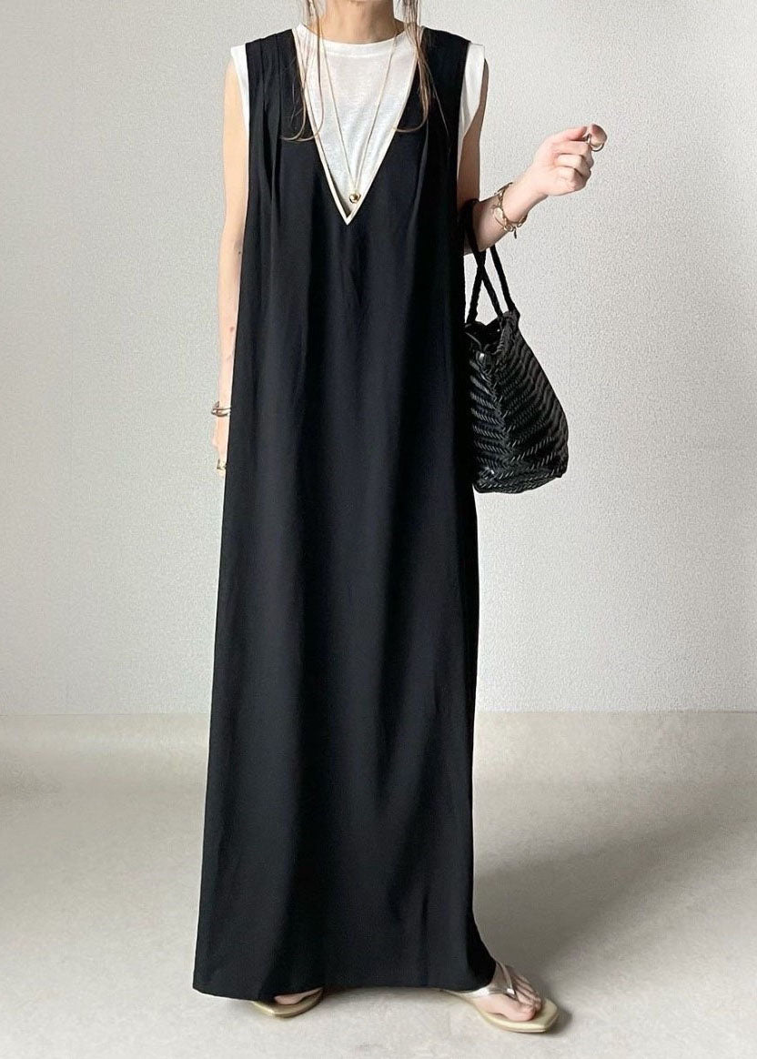 Modern Black V Neck Cross Side Open Cotton a Line Dress Sleeveless