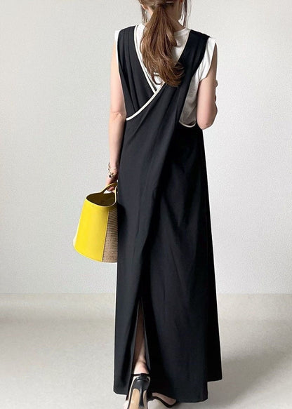 Modern Black V Neck Cross Side Open Cotton a Line Dress Sleeveless