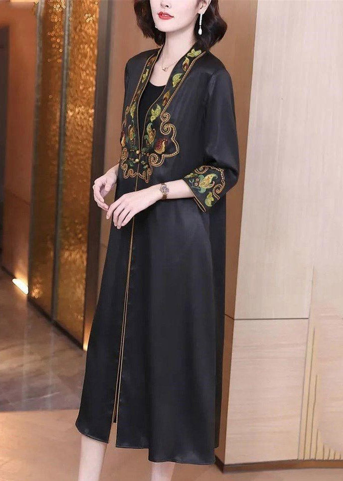 Modern Black V Neck Embroideried Button Trench Coat Long Sleeve