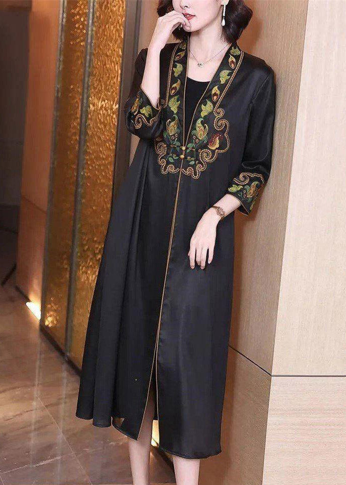 Modern Black V Neck Embroideried Button Trench Coat Long Sleeve