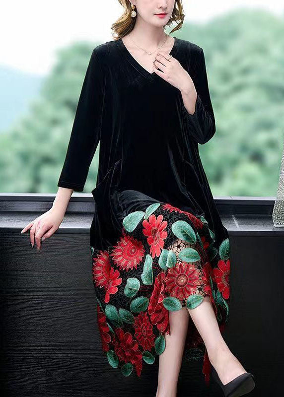Modern Black V Neck Patchwork Hollow Out Silk Velour Dress Spring