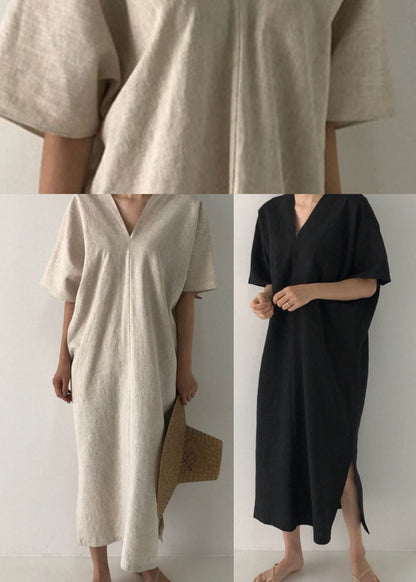 Modern Black V Neck Linen Maxi Dress Short Sleeve