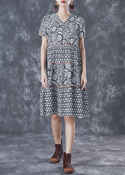 Modern Black V Neck Patchwork Print Cotton a Line Dress Summer