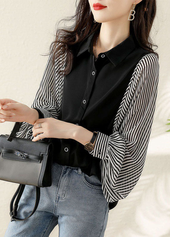 Modern Black Button Peter Pan Collar Striped Patchwork Shirt Top Long Sleeve