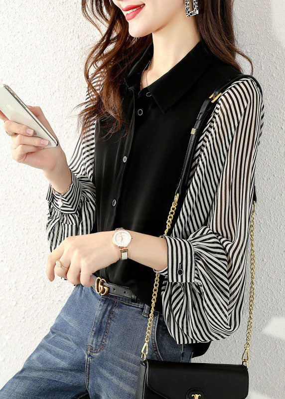 Modern Black Button Peter Pan Collar Striped Patchwork Shirt Top Long Sleeve