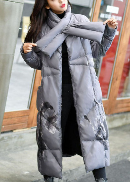 Modern Black Retro Print Pockets Winter Warm Down Coat