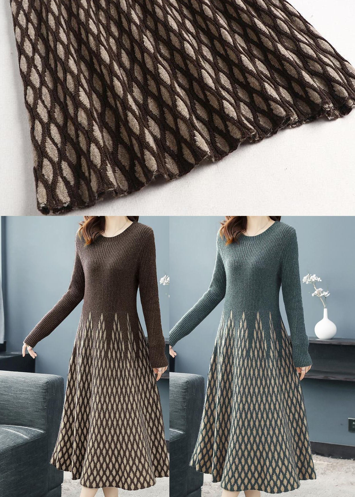 Modern Blackish Green O-neck Plaid Knitwear Dress Long Sleeve