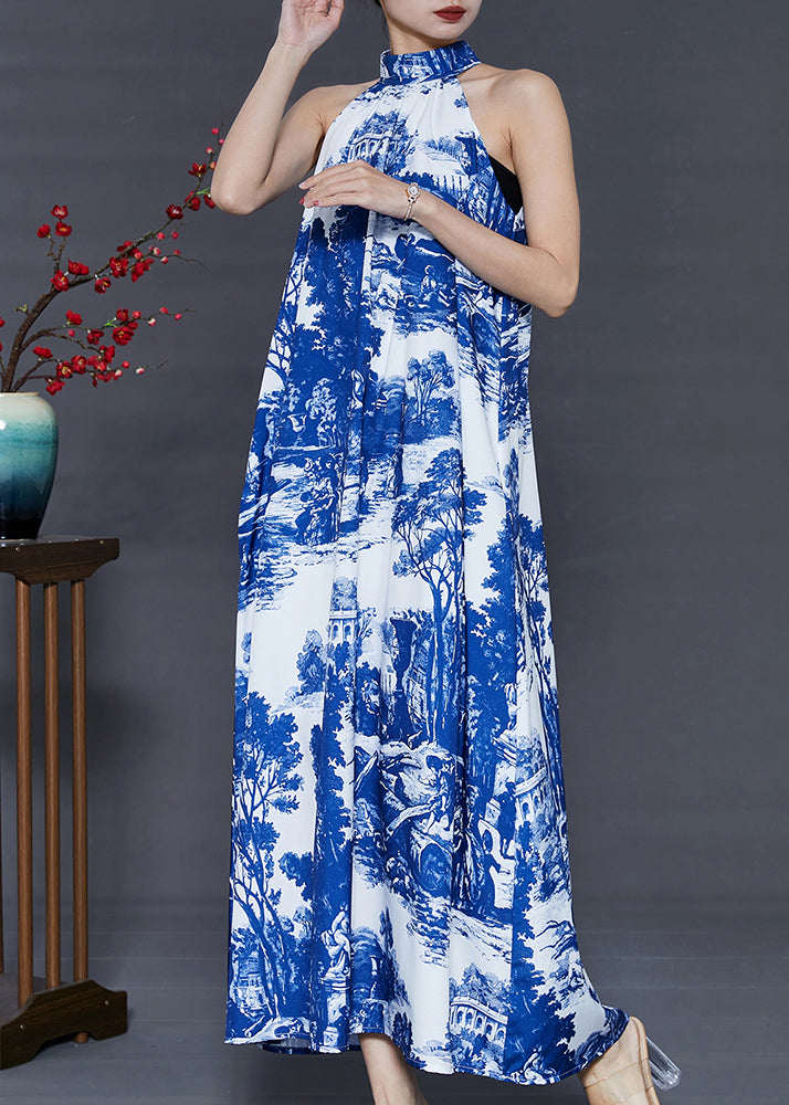 Modern Blue Cold Shoulder Print Cotton a Line Dress Summer