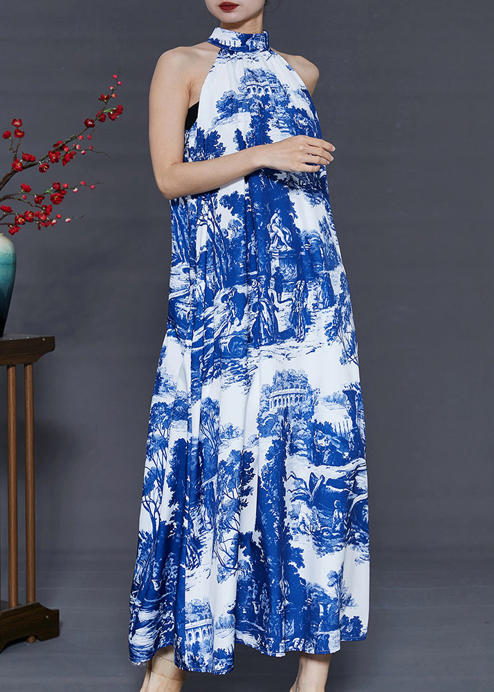 Modern Blue Cold Shoulder Print Cotton a Line Dress Summer