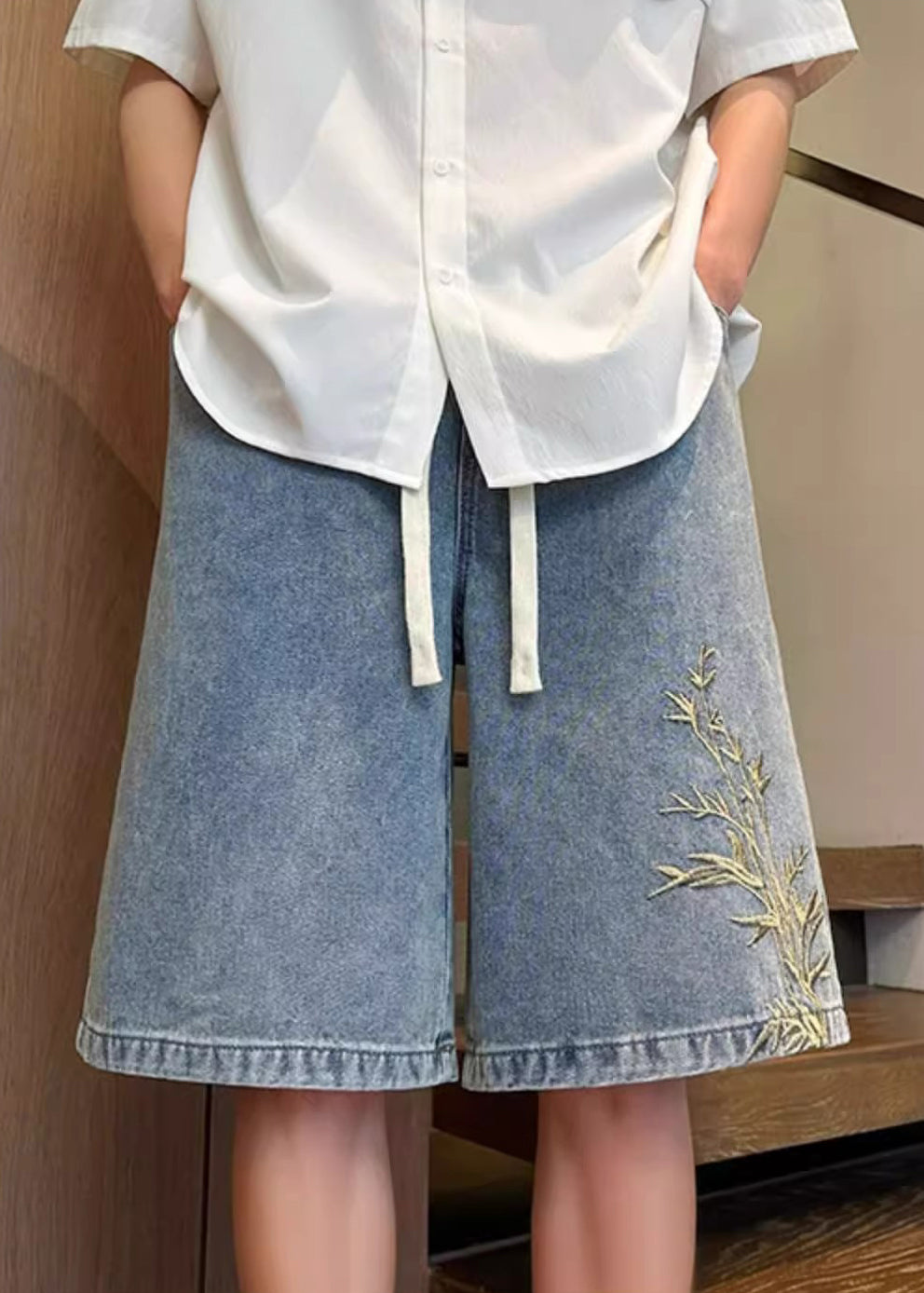 Modern Blue Embroideried Elastic Waist Denim Shorts Summer